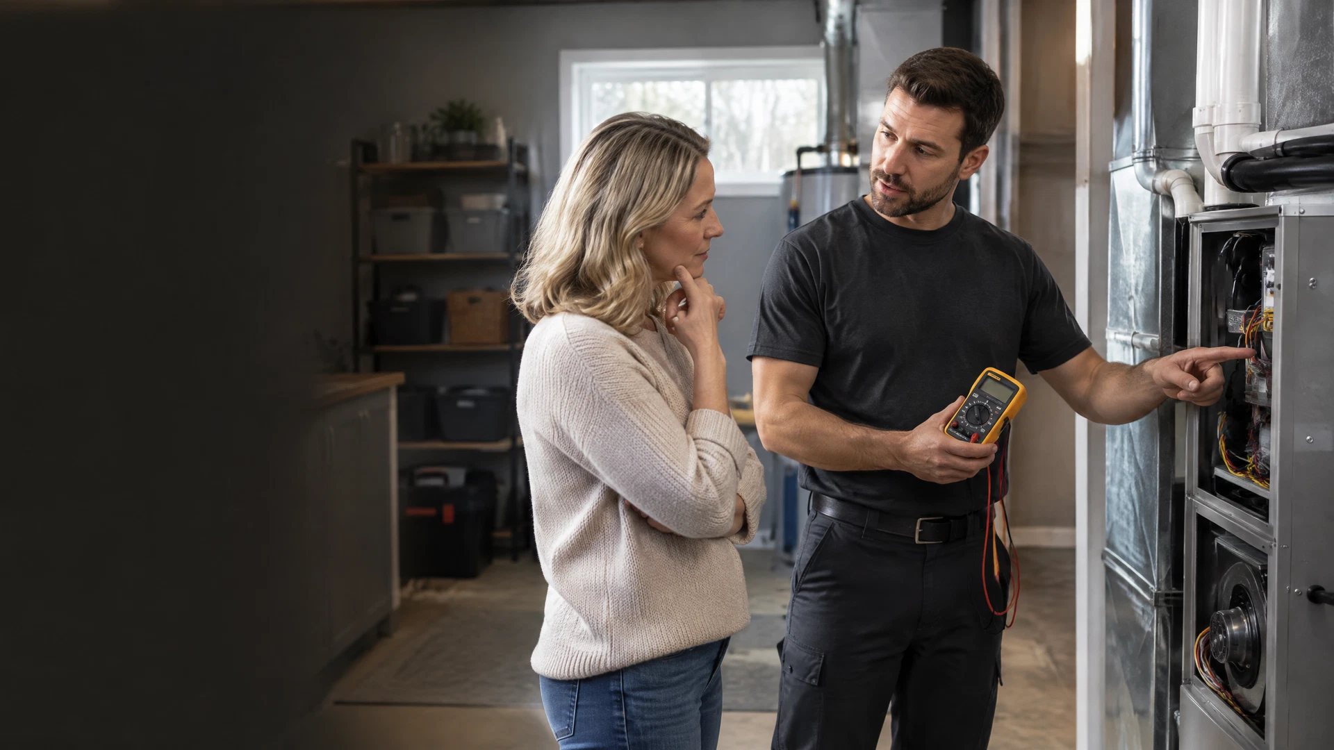 HVAC technician explaining diagnostic readings to a homeowner beside a furnace