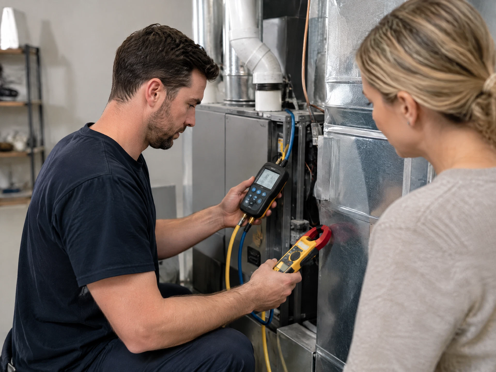 HVAC technician using diagnostic meters while a homeowner observes